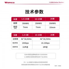 沃浦 HD02 HDMI  2.0版高清线  铜包钢CCS黑色亮面工程高清线1.5米/2米/3米/10米/15米/20米